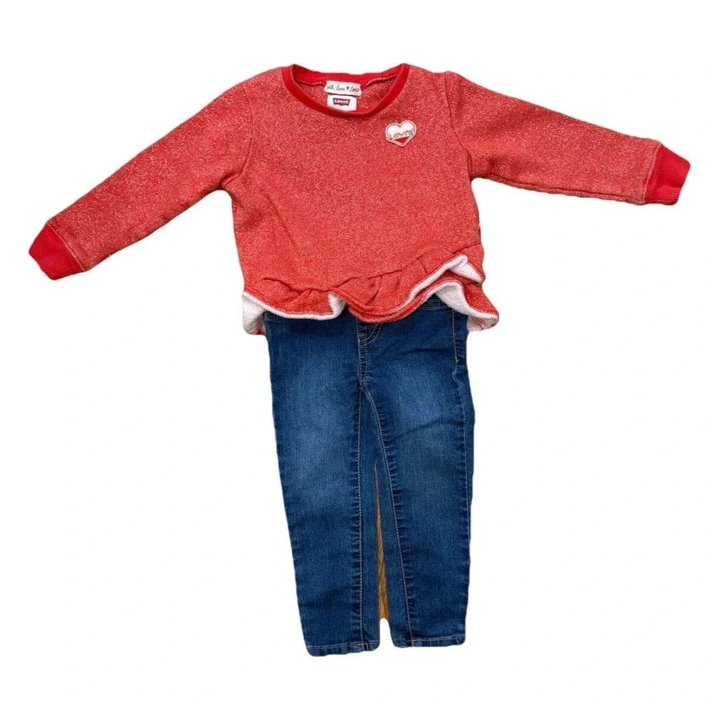 Kids Levi's Red Sparkle Heart Ruffle Sweater & Jeans Outfit Set Size 2T Playwear